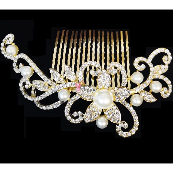 Accesoriu modern pentru decor par AP021BB Aurie cu cristale si perle